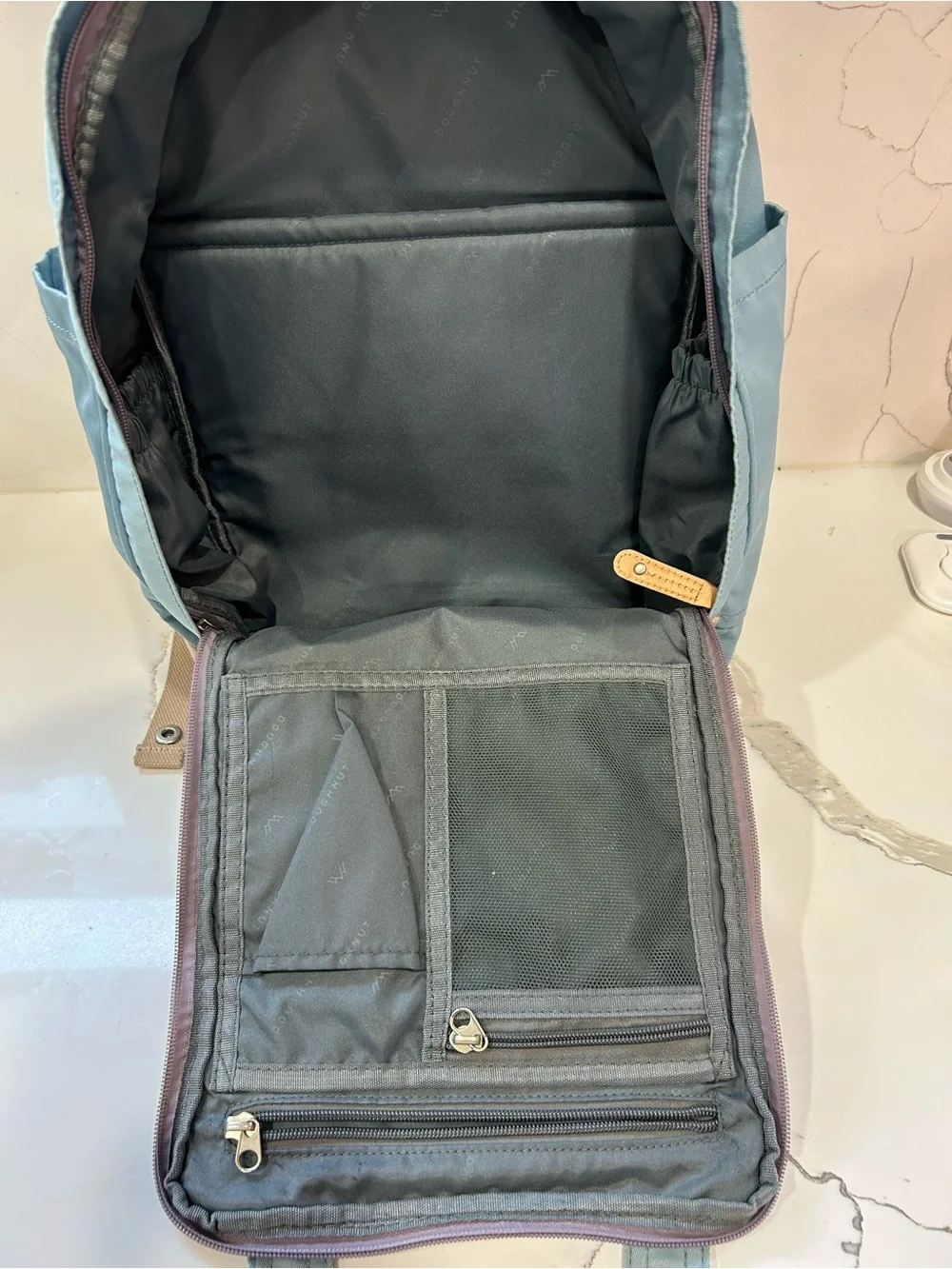 Doughnut Macaroon Blue & Lavender Canvas Backpack with Tan Accents - Women